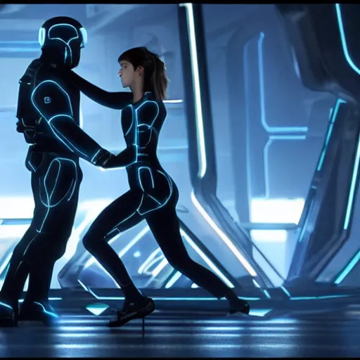 Prompt: emma watson and jack black in the movie tron legacy ( 2 0 1 0 ), cinematic, film still