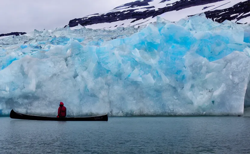 Prompt: canoeing through a lake of glaciers in iceland