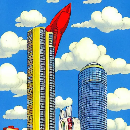 Prompt: red - yellow - blue building, skyscraper shaped like rocket ship, aquamarine windows, megatall building, tallest building ever, peak of building above clouds, anime, 2 0 0 1 anime, colorful building, cel - shading, cel - shaded