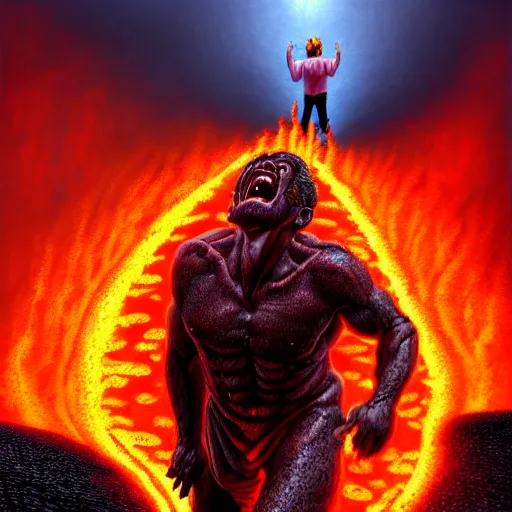 Image similar to ( a screaming man walks on lava towards the gates of hell ) by jason edmiston, photorealistic, dynamic lighting, very detailed faces, trending on artstation, wallpaper, dream, 4 k, award winning, vivid colors, beautiful fire