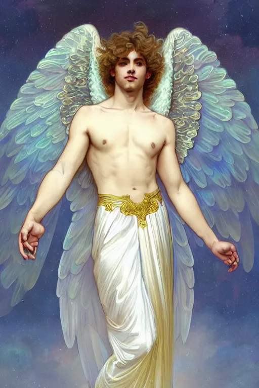 Prompt: fullbody portrait of a beautiful young fit male angel with curly blond hairs, soft smile, closed eyes, dressed in long fluent skirt, majestic symmetrical eagle wings, luminous halo, by greg rutkowski and alphonse mucha, gradient white to gold, in front of an iridescent background, highly detailed portrait, digital painting, smooth, sharp focus illustration