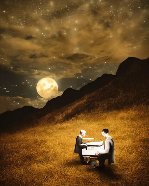 Image similar to handsome man playing a piano in the moonlight on a mountain, photorealistic, atmospheric 50mm lens