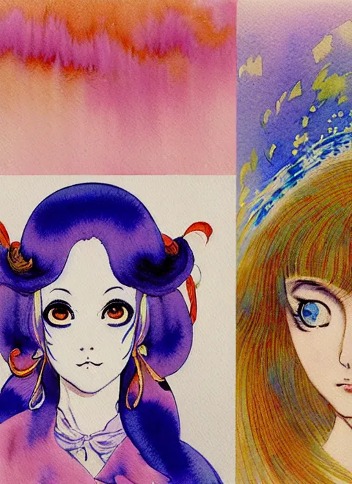 Prompt: vintage 7 0 s anime watercolor by hirohiko araki, a portrait of a lady with colorful face - paint enshrouded in an impressionist watercolor, representation of mystic crystalline rift fractals in the background by william holman hunt, art by cicley mary barker, thick impressionist watercolor brush strokes, portrait painting by daniel garber, minimalist simple pen and watercolor