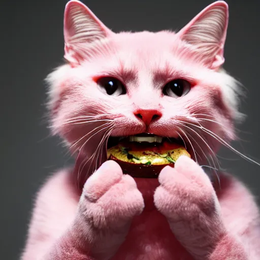 Image similar to photo of a pink cat with pink fur, eating a hamburger, biting a hamburger-C 12