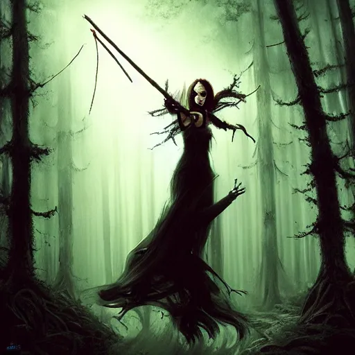 Image similar to witch performing a ritual in a dark forest painted by Raymond Swanland