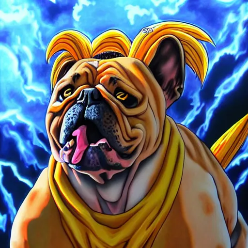 Image similar to ultra realistic portrait painting of a bulldog as super saiyan goku, art by akira toriyama, 4 k, dragon ball artstyle, cel shaded, highly detailed, epic lighting