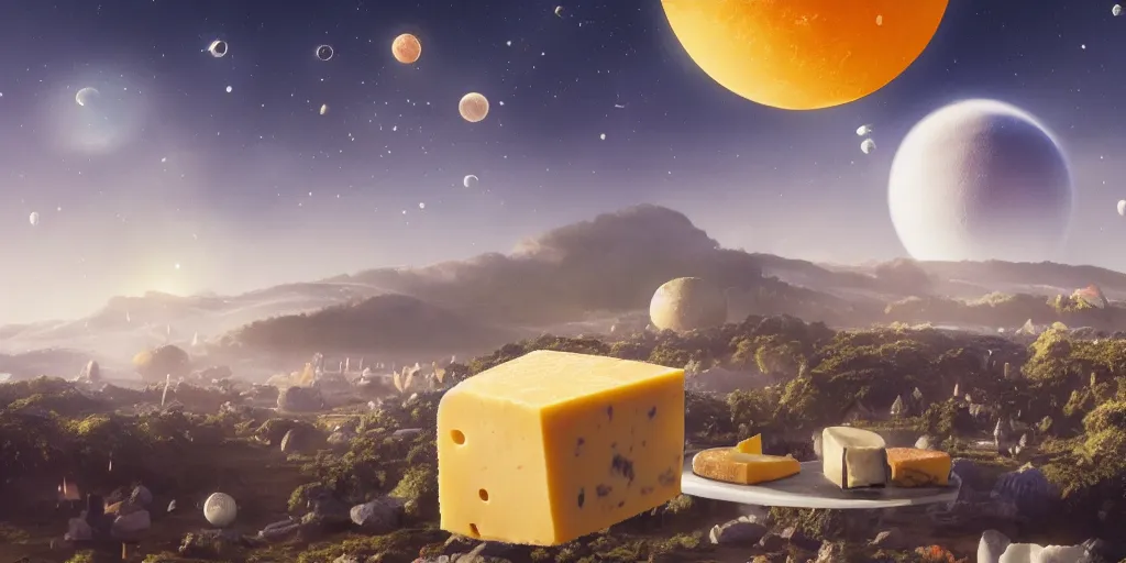 Image similar to cheese planet with cheese moon, visible planets in the sky, hanging cheese, cheese houses, blue cheese waterfalls, living cheese flying though the sky, Greg Rutkowski, 3d scene, trending on Artstation, 8K, ultra wide angle, pincushion lens effect.