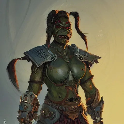 Image similar to a full bodied character portrait of a green orc warrior woman in full plate armor bald with a ponytail, by greg rutkowski, wlop, astri lohne, wei wang, laurie greasley, victo ngai, trending on artstation