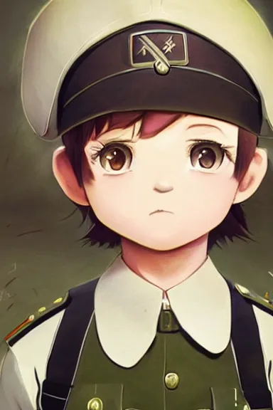 Image similar to beautiful little boy in nazi male uniform. made in abyss art style, sharps focus, pose, cute detailed artwork, anatomically correct, ilya kuvshinov, reflection, perfect composition, wallpaper mobile, digital art, detailed anime soft face, symmetrical face, western comic, illustration, realistic, smooth, lois van baarle, soft details, biomechanic