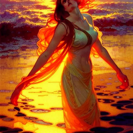 Image similar to sea of glossy liquid honey drops flowing like translucent amber, backlit, sunset, refracted lighting, art by collier, albert aublet, krenz cushart, artem demura, alphonse mucha