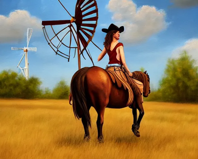 Prompt: a painting of a cowgirl riding her horse with texas wooden windmill in background, in the style of casey baugh and ed binkley, digital art