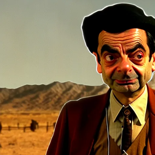Prompt: mr. bean as the towns drunk from any western movie. movie still. cinematic lighting.