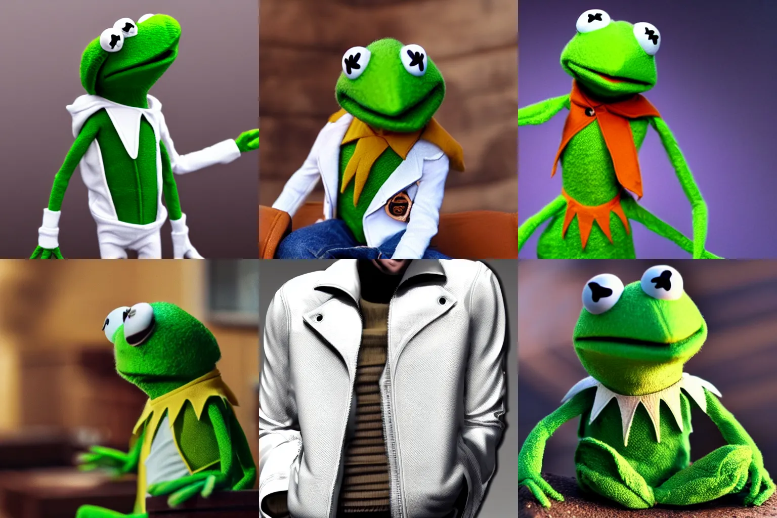 Prompt: kermit the frog wearing white jacket with scorpio on his back, cinematic, realistic, dramatic