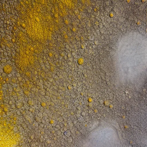 Image similar to a yellow and brown bacterial mat at a yellowstone hotspring, macro photography, extremely detailed, small features, bumps, craters, follicles