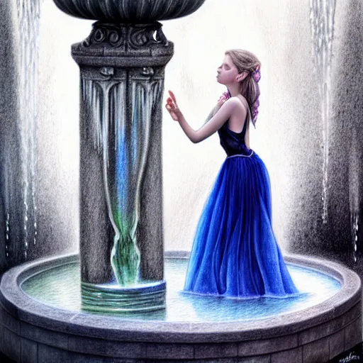 Prompt: hyper realistic pencil drawing of a fantasy princess standing by a fountain, transparent water color, full portrait, detailed, rim light, diffused, intricate, by anna dittmann
