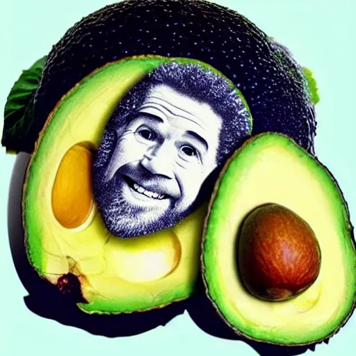 Image similar to bob ross as an embryo inside an avocado