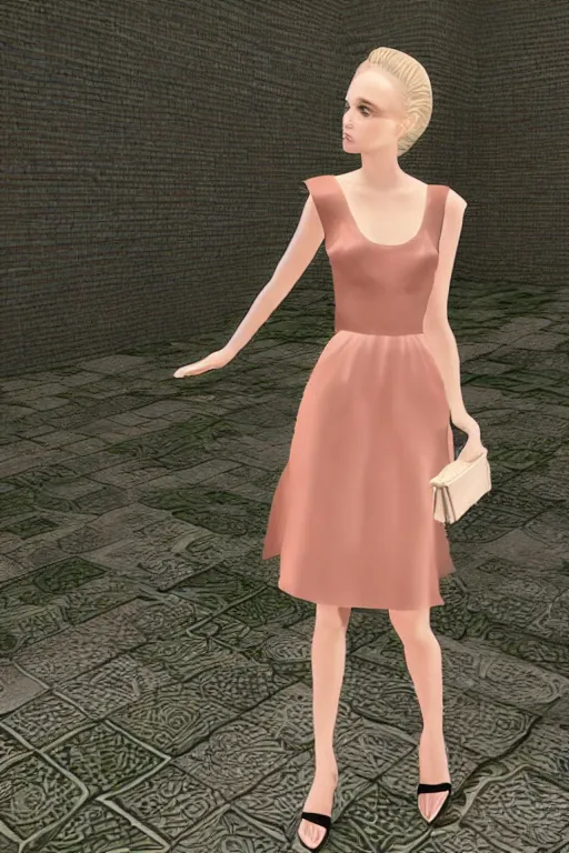 Image similar to beautiful blonde model wearing valentino resort ss 2 0 1 6 dress in a lofi 3 d psx rpg style, fashion gameplay screenshot, highly detailed