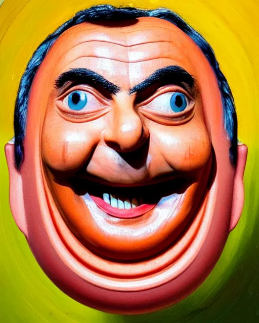 Image similar to portrait of mr bean smiling in a bowl full of baked beans, his face made of beans and tomato sauce, mr bean face, oil painting, highly detailed