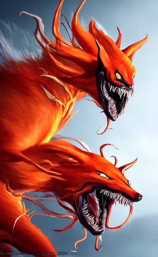 Image similar to venom as the nine tailed fox, kurama, dynamic lighting, photorealistic dark fantasy concept art, trending on art station, stunning visuals, creative, cinematic, ultra detailed