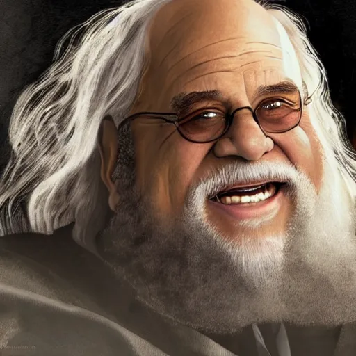 Image similar to danny devito as gandalf, deviantart, smile, ultra realistic illustration, final fantasy, high quality, full color, full body, lotr movies