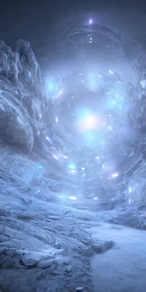 Image similar to interdimensional galaxy portal covered in frost, ice gate, volumetric light, volumetric fog, unreal engine, photorealistic, 8 k