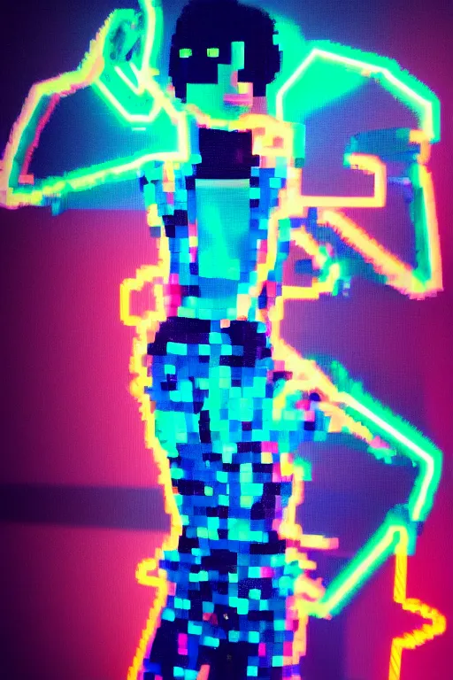 Image similar to full-body neon porcelain baroque bladerunner pixelated glitched style sculpture of four young royal dancers Kazaky as a high-fashion half-robot wearing retro shades with a porcelain body with an opening exposing a corrupted battery leaking blue glowing radioactive liquid, electric sparks, glowing violet laser beam eyes, crown of giant rubies, flowing pink and orange neon-colored glitched silk, luminescent fabrics, mechanical raptors. baroque and steampunk elements. full-length view. baroque element. intricate artwork by caravaggio. Very very very very highly detailed epic photo of face. Trending on artstation, octane render, cinematic lighting from the right, hyper realism, octane render, 8k, depth of field, 3D