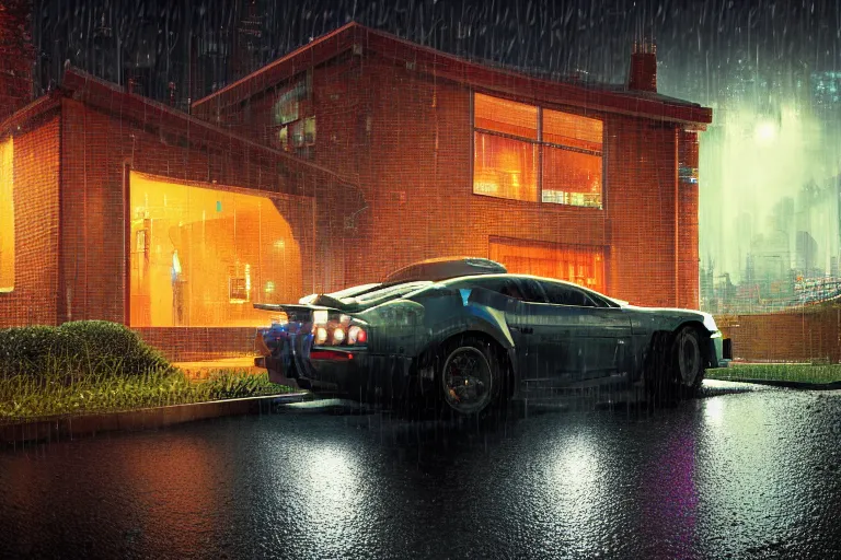 Prompt: cyberpunk, an estate agent listing photo, external view of a detached city house in the UK, it's night time, raining, sports car, by Paul Lehr, highly detailed, photorealistic, unreal engine, 8k, anamorphic, cinestill cinematrography