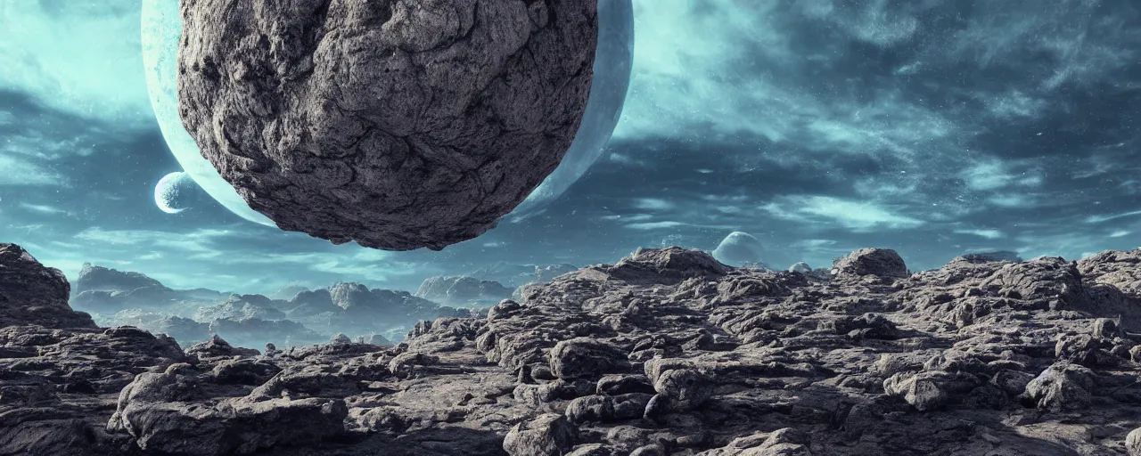 Image similar to ” looking at eart - like planet from a rocky asteroid, [ cinematic, detailed, epic, widescreen, opening, establishing, mattepainting, photorealistic, realistic textures, octane render ] ”