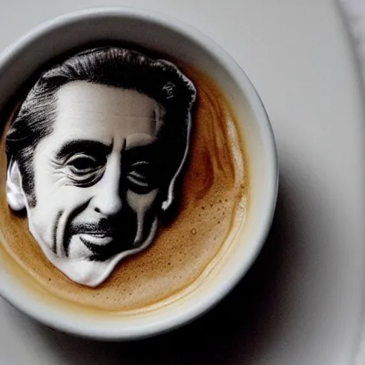 Image similar to al pacino's face made of coffee and milk foam in a cup of cappuccino, high detail