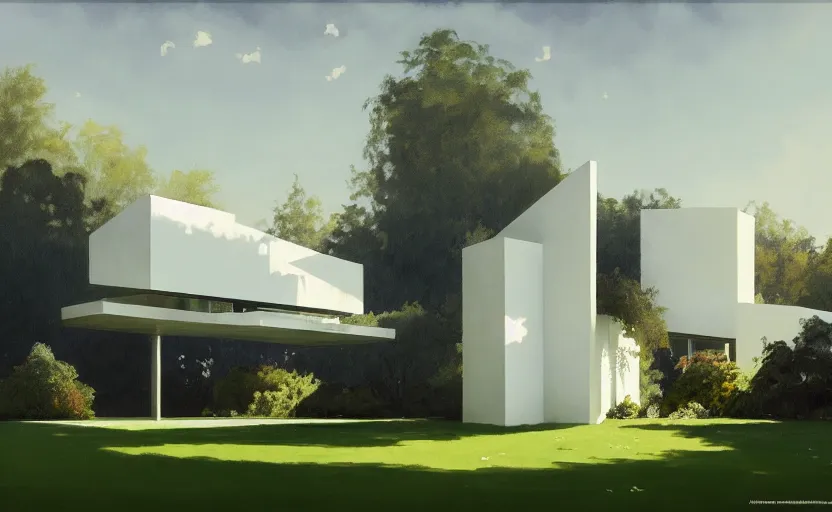 Image similar to painting of a wide angle exterior shot of a white modern architecture in the middle of an english garden with cinematic lighting by peter zumthor and renzo piano, darek zabrocki and greg ruthkowski, alphonse mucha, simon stalenhag and cinematic and blue cold atmospheric, archillect concept art, artstation, trending on artstation