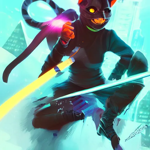Image similar to cute angry ninja cyberpunk cat fighting with a lase sword, artstation, highly detailed, colorfull, digital painting, deep focus, sharp, smooth, rossdraws