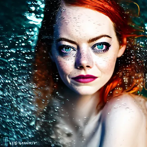 Image similar to Emma Stone as a mermaid, grungy, unkept hair, glowing eyes, modelsociety, wet from rain, radiant skin, huge anime eyes, bright on black, dramatic, studio lighting, perfect face, intricate, Sony a7R IV, symmetric balance, polarizing filter, Photolab, Lightroom, 4K, Dolby Vision, Photography Award