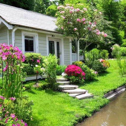 Image similar to A beautiful cottage with a lush front yard, with a flower patch and a flowing river