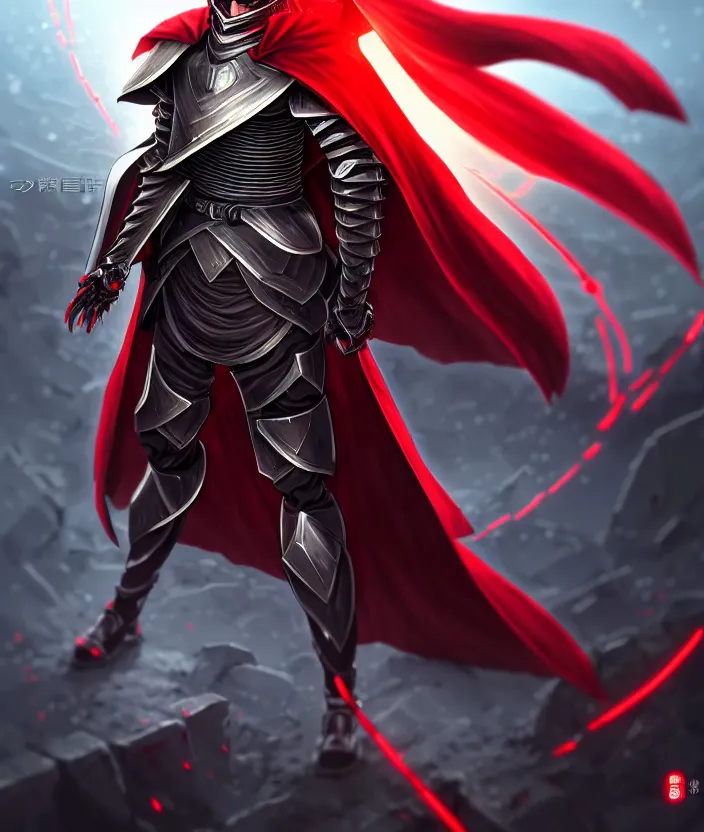 Image similar to a detailed manga illustration character full body portrait of a dark haired armoured cyborg anime man who has a red mechanical eye and is wearing a cape, trending on artstation, digital art, 4 k resolution, detailed, high quality, sharp focus, hq artwork, insane detail, concept art, character concept, character illustration, full body illustration, cinematic, dramatic lighting