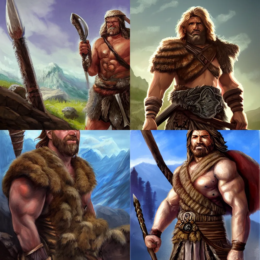 Prompt: rpg portrait of a barbarian man by justin sweet, mountain background, concept art, icewind dale, d&d,