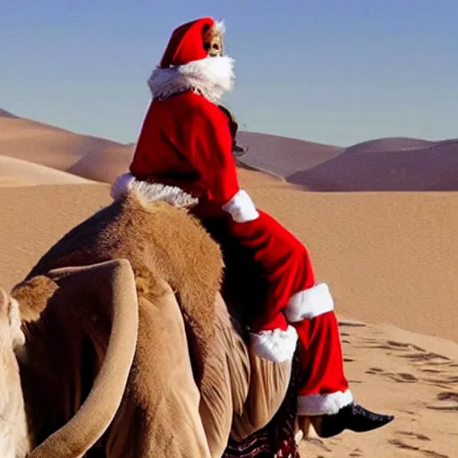 Image similar to mariah carey in a santa outfit while riding a camel in the desert