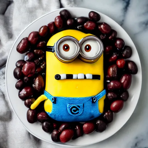 Prompt: an edible minion made out of cheez whiz, olives, and whipped cream, food photography