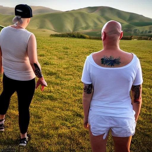 Image similar to portrait of a bald white male tattoos and his white female wife with tattoos. male is wearing a white t - shirt, tan shorts, white long socks. female is has long brown hair and a lot of tattoos. photo taken from behind them overlooking the field with a goat pen. rolling hills in the background of california and a partly cloudy sky