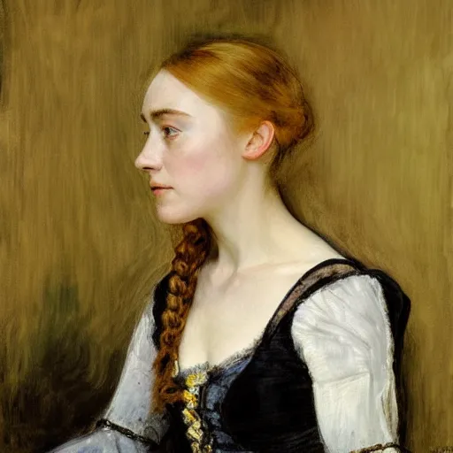 Image similar to a true-to-life portrait of Saoirse Ronan painted by John Everett Millais