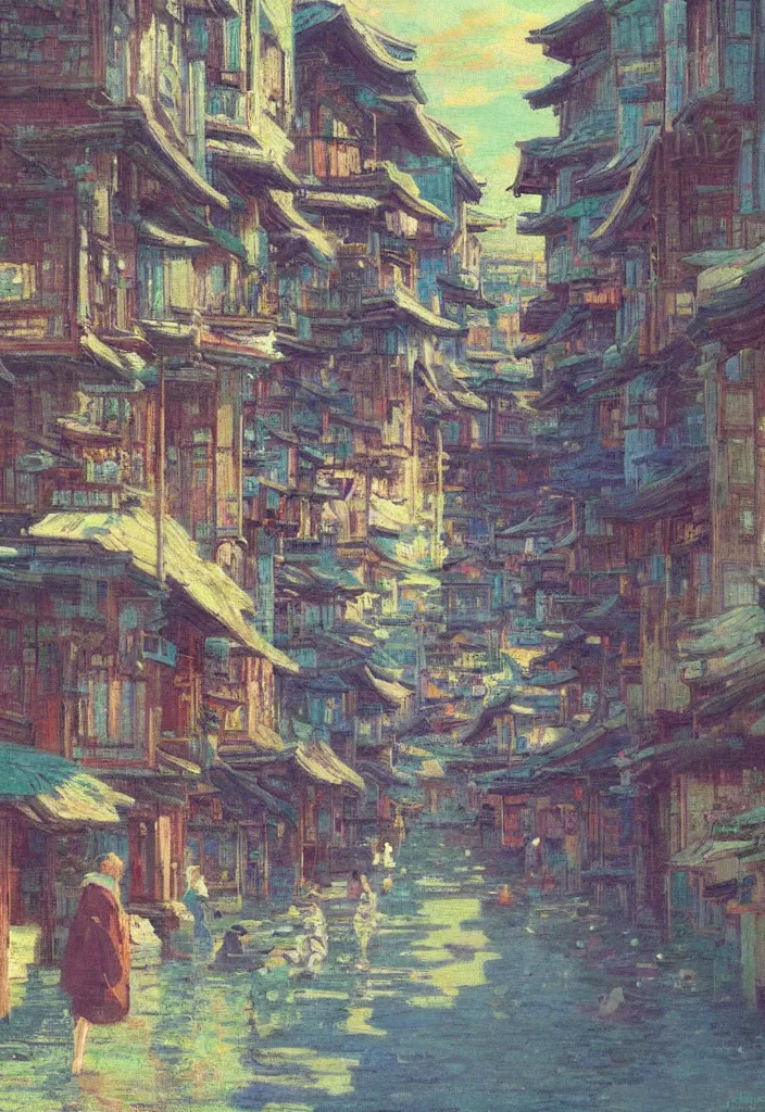 Image similar to a beautiful japanese city near the sea, amazing ryokans and gorgeous edo era houses, epic cyberpunk, lofi vibe, colorful, vivide colors, oil painting in impressionist style, by jeremy lipkin, by claude monet, by makoto shinkai, multiple brush strokes, inspired by ghibli, masterpiece, beautiful