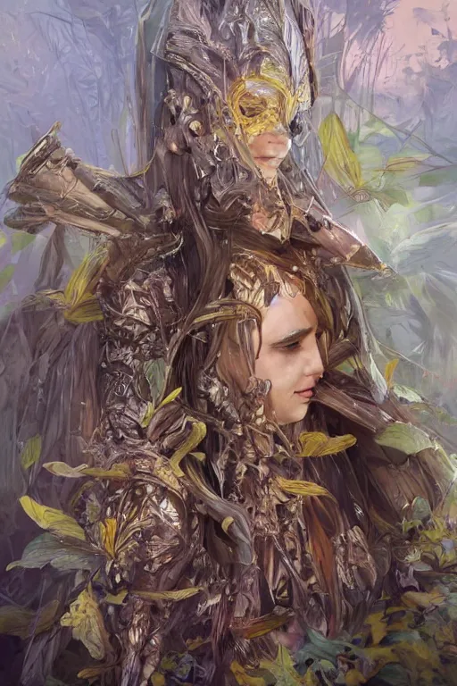 Image similar to female elven hunter armor made of yellow leaves, fantasy, amber eyes, face, long hair, intricate, elegant, highly detailed, digital painting, artstation, concept art, smooth, sharp focus, illustration, art by artgerm and greg rutkowski and alphonse mucha