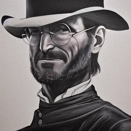 Image similar to an 1 8 0 0 s photo of steve jobs, squinting at high noon, style of a clint eastwood movie, the good, the bad and the ugly, vibe, glory days, justice, american flag, independence, patriotism, black and white, artgerm