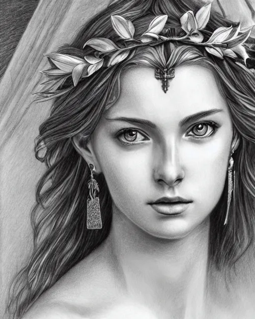 Image similar to pencil drawing of the very beautiful greek goddess aphrodite wearing a laurel wreath with arrowhead earrings, piercing eyes, beautiful flowing hair, hyper realistic face, in the style of greg rutkowski, fantasy, amazing detail, epic, elegant, smooth, sharp focus, young