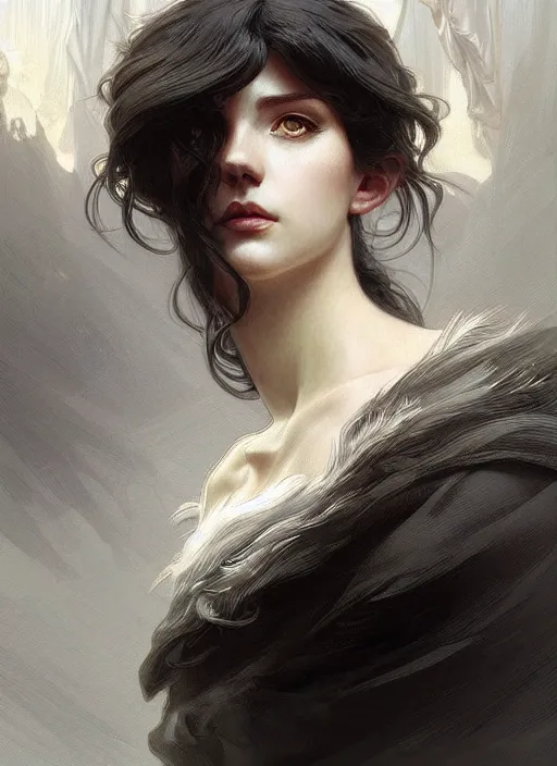 Image similar to portrait of stoic looking miniature schnauzer, black fir, white eyebrows, fantasy, intricate, elegant, highly detailed, digital painting, artstation, concept art, smooth, sharp focus, illustration, art by artgerm and greg rutkowski and alphonse mucha