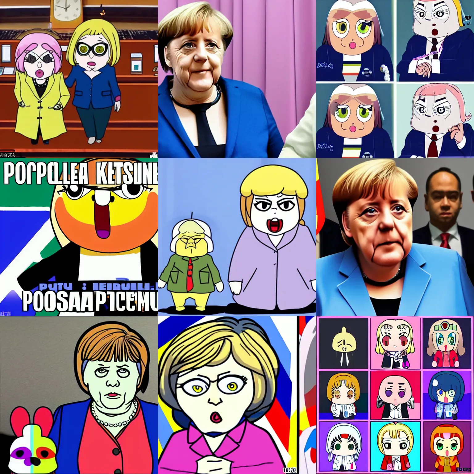 Prompt: Angela Merkel in Pop Team Epic in the style of Bkub Okawa