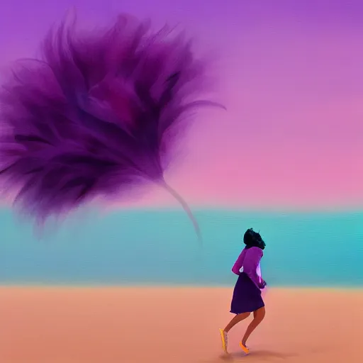 Image similar to portrait, giant purple dahlia flower head, woman running at the beach, surreal photography, sunrise, blue sky, dramatic light, impressionist painting, digital painting, artstation, simon stalenhag