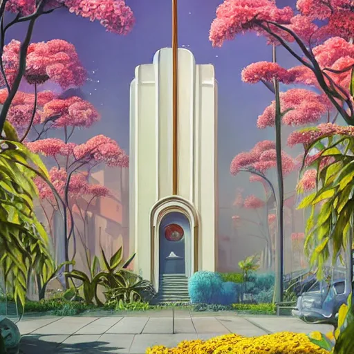 Prompt: painting of an art deco building surrounded by flowers, a watercolor and matte painting by beeple and rhads and mark keathley, wes anderson, cgsociety, artdeco!!, dystopian art, retrofuturism, sci - fi, artstation hq
