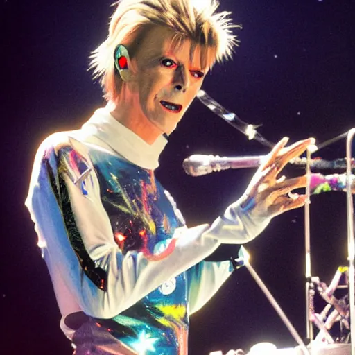 Image similar to a hyperreality concert david bowie wearing a dao yin - yang t - shirt performing on top of the spaceship in deep space, galaxies swirling around