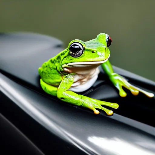 Prompt: a frog driving a car, photography,