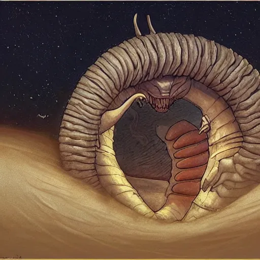 Prompt: joe biden as a sandworm from dune, artstation hall of fame gallery, editors choice, #1 digital painting of all time, most beautiful image ever created, emotionally evocative, greatest art ever made, lifetime achievement magnum opus masterpiece, the most amazing breathtaking image with the deepest message ever painted, a thing of beauty beyond imagination or words, 4k, highly detailed, cinematic lighting